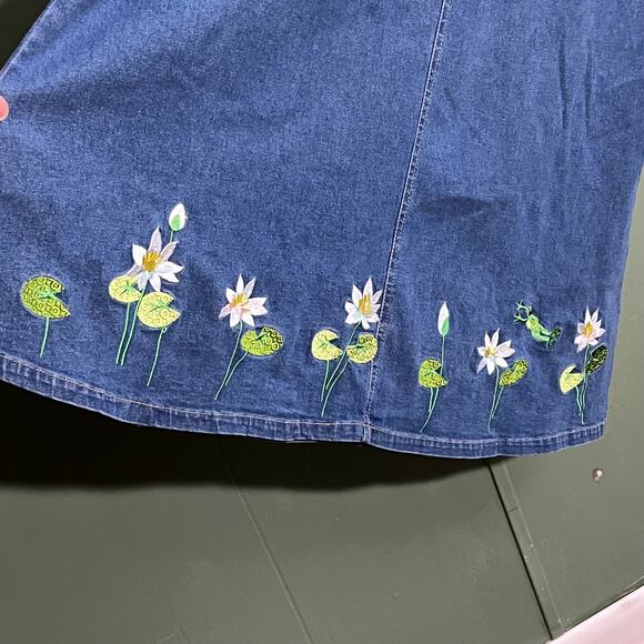 Quaker Factory Denim Maxi Skirt Embroidered Lotus Flowers Size Large - Picture 5 of 7